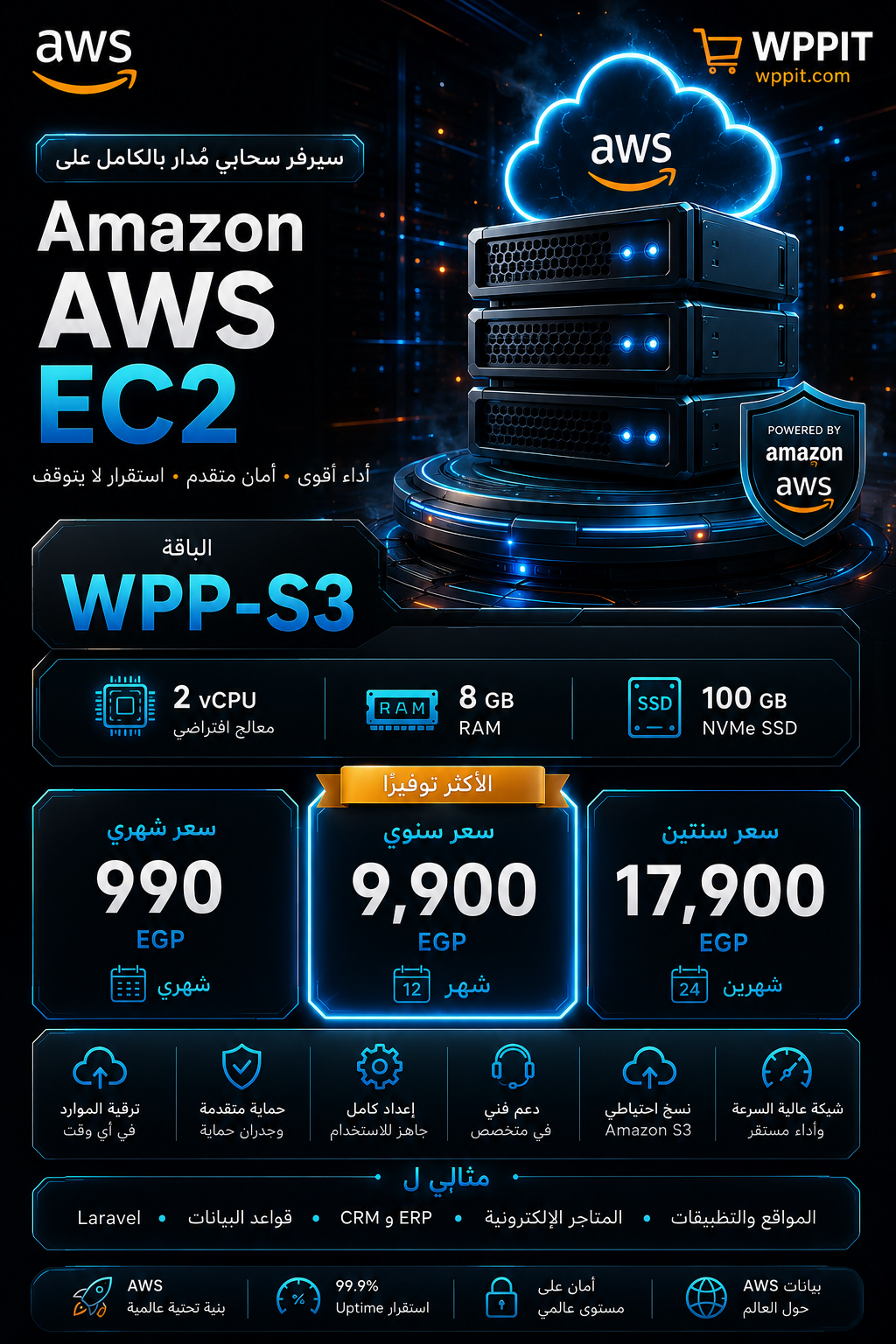 سيرفر سحابي AWS VPS – باقة WPP-S3 (2 نواة / 8 جيجا رام) - لأعلى أداء و إستقرار لتطبيقاتك